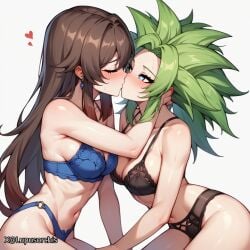 ai_generated belly bikini_bottom bikini_top black_bikini_bottom black_bikini_top blue_bikini_bottom blue_bikini_top blue_eyes blush brown_hair buttons closed_eyes dragon_ball_super floating_hearts genshin_impact green_hair hu_tao_(genshin_impact) kefla kissing lesbian_kiss lupusorchis red_eyes white_background yuri