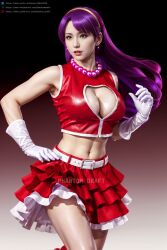 1girls ai_generated athena_asamiya big_breasts boob_window breasts brown_eyes busty collar earrings female gloves hair_ornament headband king_of_fighters latex light-skinned_female light_skin long_hair pale-skinned_female pale_skin phantom_draft purple_eyes purple_hair skirt star thighs tied_hair voluptuous