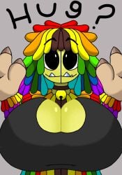 2024 amigos_multiversos anthro bell_collar big_breasts boob_window female female_only freckles huge_breasts large_breasts long_hair looking_at_viewer mob_entertainment multicolored_hair paws poppy_playtime rainbow_hair rule_63 simple_background text yarnaby_(poppy_playtime)