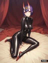 ai_generated bed erection_under_clothes fate_(series) latex_bodysuit latex_suit shuten_douji_(fate) sitting_on_bed tight_clothing