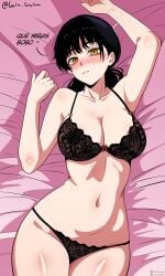 1girls arm_up armpits asian bed black_hair blush brown_underwear chainsaw_man female gato_gratam japanese light-skinned_female light_skin long_hair looking_at_viewer meenu mitaka_asa solo solo_female spanish_text underwear yellow_eyes