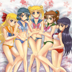 5girls ami_mizuno bishoujo_senshi_sailor_moon bow bra female female_only laying_on_bed makoto_kino minako_aino multiple_girls panties rei_hino sailor_jupiter sailor_mars sailor_mercury sailor_moon sailor_venus sawwei005 skimpy_clothes small_breasts tagme usagi_tsukino