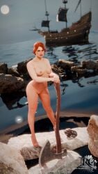 axe breasts cerys_an_craite completely_nude female light-skinned_female looking_at_viewer nipples nude pussy red_hair scar skellige solo the_witcher_(series) the_witcher_3:_wild_hunt therenderguy