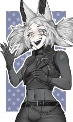 :d american_flag animal_ears bangs bare_shoulders belt breasts cleavage cowboy_shot crop_top dya_rikku_(vtuber) facial_mark fangs female fingerless_gloves fingernails fox_ears gloves greyscale jewelry long_hair looking_at_viewer medium_breasts midriff monochrome navel open_mouth pants piercing sharp_teeth shoulder_tattoo sleeveless slit_pupils smile solo standing star_(symbol) star_hair_ornament star_print starfish starry_background striped tattoo teeth twintails vyugen