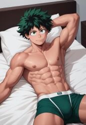 abs ai_generated arm_behind_head boku_no_hero_academia boxer_briefs bsky_link bulge civitai deku dvxxxgrai gay green_eyes green_male_underwear green_underwear izuku_midoriya lying lying_on_back lying_on_bed male male_focus male_only male_underwear midoriya_izuku muscular muscular_male my_hero_academia navel nipples pixai pony_diffusion_xl shirtless shirtless_male solo solo_focus solo_male tagme topless topless_male twitter_link underwear yaoi