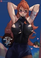 2girls big_breasts breasts cosplay crossover female female_only foonie_xd huge_breasts jujutsu_kaisen large_breasts long_hair multiple_girls nami one_piece orange_hair ponytail skirt zenin_maki zenin_maki_(cosplay)