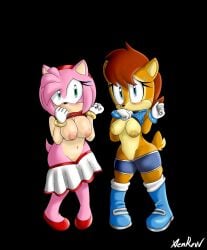 2girls accessory amy_rose anthro areola big_breasts black_background black_bottomwear black_clothing black_nose black_shorts blue_boots blue_clothing blue_eyes blue_footwear blue_topwear blush boots bottomwear bottomwear_down bracelet breasts brown_areola brown_body brown_fur brown_hair brown_nipples chipmunk clothed clothing duo eulipotyphlan eyelashes female footwear front_view fur gloves green_eyes ground_squirrel hair hair_accessory hairband handwear hedgehog hi_res inverted_nipples jewelry looking_at_viewer mammal navel nipples pink_areola pink_body pink_fur pink_hair pink_nipples pussy_peek raised_clothing raised_topwear red_clothing red_footwear red_shoes red_topwear rodent sally_acorn sciurid sega shoes short_hair shorts simple_background skirt skirt_down sonic_(series) sonic_the_hedgehog_(series) squirrel tan_body tan_fur thick_thighs topwear white_bottomwear white_clothing white_gloves white_handwear white_skirt wide_hips xenrevv