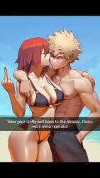 ai_generated arm_around_partner arm_around_shoulders beach bikini boku_no_hero_academia closed_eyes curvy curvy_female curvy_figure eijirou_kirishima female_eijirou genderbent genderswap_(mtf) implied_relationship katsuki_bakugou kissing_cheek large_breasts middle_finger my_hero_academia one_eye_closed revenge rule63 rule_63 rule_63 shirtless_male text