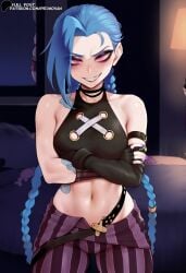 ai_generated arcane arcane_jinx belt blue_hair braid braided_twintails crop_top crossed_arms hi_res highres jinx_(league_of_legends) league_of_legends makeup medium_breasts navel pants pink_eyes primosan skinny smirk standing tattoo