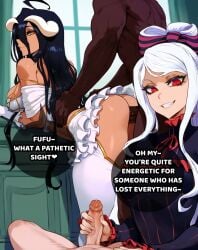 2boy 2girls ai_generated aipotions albedo_(overlord) ass black_hair cuckold cum dark-skinned_male demon demon_girl dominant_male female fucked_from_behind handjob holding_penis large_penis long_hair looking_at_viewer male muscular_male netorare ntr overlord_(maruyama) pale-skinned_female penis penis_comparison precum red_eyes sex sex_from_behind shalltear_bloodfallen small_penis_humiliation succubus vampire_girl white_hair yellow_eyes