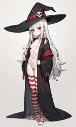 1girls ai_generated cherrae_(kosine1777) cloak cunny first_porn_of_character flat_chest freckles kosine1777 kosineverse large_hat long_hair nipples nude original original_character pussy red_eyes single_braid skull small_breasts stockings striped_stockings white_hair witch witch_hat