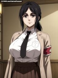 ai_generated aindroidparanoid attack_on_titan big_breasts black_eyes black_hair breasts busty cleavage curvy cute female forest huge_breasts indoors jacket large_breasts messy_hair narrow_waist pieck_finger ponytail shingeki_no_kyojin shirt skirt slim_waist smile stable_diffusion straight_hair tired_eyes voluptuous