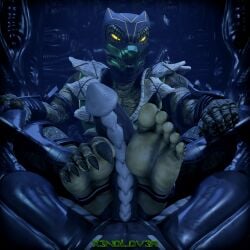 1:1 alien alien_(franchise) anthro armor big_feet big_penis black_body duo feet first_person_view foot_fetish foot_focus foot_play footjob genitals glowing glowing_eyes green_body green_scales green_skin hi_res humanoid_feet humanoid_genitalia humanoid_penis lizard looking_at_viewer male male/male mask mortal_kombat mortal_kombat_1 muscular muscular_male nails penis plantigrade reptile reptile_(mortal_kombat) saurian_(mortal_kombat) scales scalie sex sharp_nails sharp_teeth teeth thekidxeno x3no xenomorph yellow_eyes