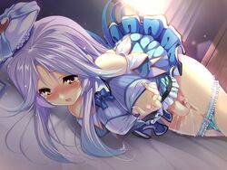 aozora_stripe bare_shoulders bed blush breast_grab breasts brown_eyes censored female female_ejaculation game_cg hat long_hair masturbation mizutani_sumire one_breast_out open_mouth panties panty_pull piromizu purple_hair window