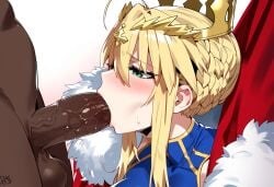 1boy 1girls ai_generated artoria_pendragon artoria_pendragon_(lancer) big_breasts blonde_hair breasts dark-skinned_male fate/grand_order fate_(series) fellatio female female_focus green_eyes huge_breasts large_breasts light-skinned_female mature_female milf thick_thighs thighs