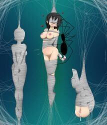 arachnophilia black_hair breasts cocoon drool egg egg_laying long_hair maximignon_(scaylid00d) multiple_girls nipples nude pregnant spider spiderweb zoophilia