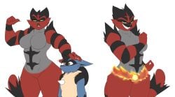 1boy1girls big_breasts breasts cleavage dart(dewwydartz) dewwydarts dewwydartz female female_incineroar freya_(dewwydartz) furry huge_breasts incineroar lucario pokemon pokemon_(species) tagme thick_thighs wide_hips