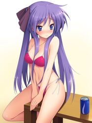 between_breasts bikini blue_eyes blush breasts can cleavage cygnus drink embarrassed face female female_only hair_between_breasts hair_ribbon hands highres human kagami_hiiragi long_hair lucky_star navel peeing pocari_sweat purple_hair ribbon side-tie_bikini soda soda_can solo swimsuit table tears tied_hair tsurime twintails water young