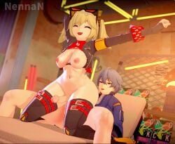 1boy 1boy1girl 1futa 1girls 3d 3d_animation anal anal_sex animated anus arms_behind_head arms_up balls black_gloves black_jacket blonde_female blonde_hair blue_jacket bouncing_breasts breasts breasts_out burnice_white burning_desires_(song) cropped_jacket erect_penis erect_while_penetrated erection eyewear_on_head female female_on_top fingerless_gloves functionally_nude futa_penetrated futanari gloves grey_hair happy_futa intersex jacket laying_on_back light-skinned_futa light-skinned_male light_skin loop looping_animation male male/female male/futa male_on_futa male_penetrating medium_hair music navel nennan open_mouth penetration penis red_eyes reverse_cowgirl_position riding sex shorter_than_30_seconds smile sound spread_legs sunglasses tagme thighhighs thighs twintails video wise_(zenless_zone_zero) zenless_zone_zero