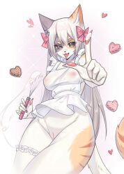 absurd_res animal_humanoid anthro apron candy cat_humanoid cat_tail chocolate clothing dessert felid felid_humanoid feline feline_humanoid female fluffy food genitals hair hi_res humanoid lonerfox lonerfox_(artist) mammal mammal_humanoid nude nude_female solo translucent tricolor vulva white_hair