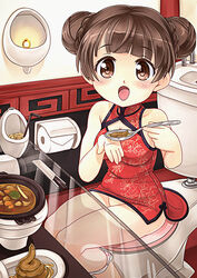 bathroom blush candle china_dress chinese_clothes chopsticks female food hamoto highres original scat sitting solo soup spoon table toilet toilet_paper urinal