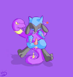 anal closed_eyes cum cum_in_ass cum_inside ekans furry furry_only gay genital_slit heart male nintendo no_humans pcred566 penetration penis plain_background pokemon purple_background riolu sex video_games