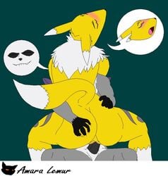 amara_lemur_(artist) ass ass_grab ass_grope bandai biting_lip blush cowgirl_position digimon female female_on_top lap_dance lemur male on_top penetration primate renamon ringtailed_lemur sex straight vaginal_penetration