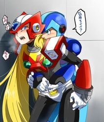 2boys blue_eyes clothed cum gay green_eyes groping handjob helmet male male_only mega_man mega_man_x open_mouth robot underwear x_(mega_man) yaoi zero_(mega_man)