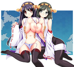 2girls areolae asymmetrical_docking bare_shoulders black_eyes black_hair black_legwear breast_press breasts brown_eyes detached_sleeves female glasses green_hair haruna_(kantai_collection) hinapo japanese_clothes kantai_collection kirishima_(kantai_collection) large_breasts long_hair loose_panties multiple_girls navel nipples no_bra open_clothes panties pantyhose sitting striped striped_panties thighhighs underwear untied_panties