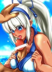 1boy 1girls bangs bar_censor bikini_top blue_eyes blush breast_squeeze breasts censored cleavage clothed_female_nude_male covered_nipples fellatio female hair_ribbon hairband hand_on_another's_head licking long_hair looking_down majikina_mina male ocean open_mouth oral paizuri paizuri_under_clothes penis piyopiyomen ponytail ribbon samurai_shodown sideboob silver_hair solo_focus sweat tied_hair