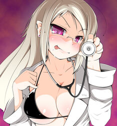 1girls bikini_top blonde_hair breasts character_request cleavage cute_fang doctor earrings female glasses jewelry kotatsu_(artist) large_breasts long_hair naughty_face purple_eyes solo source_request stethoscope tongue