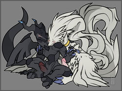 2boys 3_fingers 3_toes barefoot blush claws closed_eyes cuddling cute dragon erection from_behind fur furry gay half-closed_eyes hand_holding happy hi_res interspecies legendary_pokemon male male_only mise multiple_males nabardeus nintendo no_nipples nude original_character penis pokemon pokemon_bw raised_arm reshiram scar sharp_claws sitting smile spread_legs spreading testicles video_games watermark yaoi zekrom