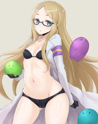 avy417 black_bra black_gloves black_panties blonde_hair blue_eyes blush bra cameltoe clothing covered_nipples female glasses gloves kurukuru long_hair looking_at_viewer mound_of_venus natasha_(sekai_seifuku) navel panties sekai_seifuku:_bouryaku_no_zvezda small_breasts solo underwear very_long_hair wide_hips