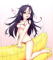 banana_boat barefoot bikini black_hair crotch_rub female gogatsu_no_renkyuu long_hair masturbation original purple_eyes riding solo swimsuit trembling wink