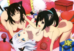 3girls akatsuki_nagisa animal_ears ball_of_yarn bare_shoulders barefoot black_hair blue_eyes breasts brown_eyes cat_ears cat_tail female female_only gift himeragi_yukina kanase_kanon lying medium_breasts multiple_girls nipples nude nude_filter official_art open_mouth photoshop pillow red_eyes short_hair silver_hair strike_the_blood tail topless wink yarn