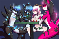 abstract_background anthro caprine cards erection feline female fingering game goat male mammal masturbation naomy nude one_eye_closed penis smile strip_poker stripes table