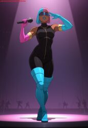 ai ai-created ai_art ai_generated blue_hair blue_lips crowd dark_skin dispatch_(game) female game_cg mask medium_breasts microphone multicolored_hair pink_hair prism_(dispatch) solo split_color_hair standing superhero tinted_eyewear visor