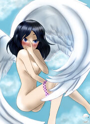 angel astrakhan_lamb_(oc) beige_skin black_hair blush breasts color feathers female female_only hair nude panties_down panty_pull pink_panties side_view solo white_feathers wings