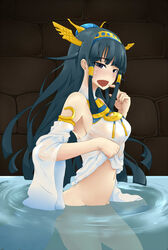 1girls bangs black_eyes bottomless bracelet breasts detached_sleeves dress dress_lift egyptian female green_hair hair_tubes hairband halterneck head_wings highres isis_(p&d) long_hair navel no_panties partially_submerged payot puzzle_&_dragons ronickenying see-through sheer solo wet wet_clothes white_dress