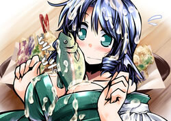 1female 1girls animal_ears bangs big_breasts blue_eyes blue_hair blushing breasts cleavage closed_mouth clothing female fish flying_sweatdrops food hands_up head_fins hemogurobin_a1c japanese_clothes japanese_text large_breasts mermaid monster_girl obi object_between_breasts sash sexually_suggestive short_hair solo suggestive_fluid tempura touhou wakasagihime wavy_mouth