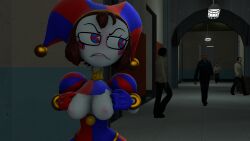 3d 3d_(artwork) 3d_render annoyed annoyed_expression background_character background_characters female_focus flashing_breasts medium_breasts pomni pomni_(tadc) pomni_(the_amazing_digital_circus) ripping_clothes ripping_clothing sfm source_filmmaker source_filmmaker_(artwork) spectixia tree_of_goons valve valve_(company)