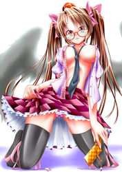 backlighting between_breasts bird_wings black_legwear black_wings bow breasts brown_eyes brown_hair cellphone checkered checkered_skirt dekoorashiru eyewear female glasses hairbow hat hatate_himekaidou highres kneeling leg_ribbon long_hair looking_at_viewer necktie_between_breasts open_clothes open_shirt panties pantyshot pantyshot_(kneeling) phone pink_panties shirt skirt skirt_lift solo thighhighs tied_hair tokin_hat touhou twintails underwear upskirt very_long_hair wings