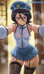 1girl abs ahegao_light ai_generated angry_eyes anime_style armband arms_outstretched arms_spread black_hair black_thighhighs bleach bleach:_the_thousand-year_blood_war blue_miniskirt blue_outfit blue_theme blush breasts cleavage clothing curvy depth_of_field detailed_eyes detailed_face drooling female garter_straps glare glistening halter_top hat heavy_blush hentai highleg_leotard highres huge_ass huge_breasts indoors intense_eyes kuchiki_rukia large_breasts legwear leotard micro_skirt muscular muscular_female nipples peaked_cap pleated_skirt police_hat puffy_nipples purple_eyes sailor_uniform saliva see-through_clothes see-through_leotard sheer_clothing shiny_skin short_black_hair sideboob skirt sleeveless solo standing stockings strong_arms sweat sweatdrop sweaty_body thick_ass thick_thighs thighhighs tight_clothing toned torn_clothes torn_leotard underboob voluptuous wet wet_clothes wet_skin white_armband wide_hips yellow_background