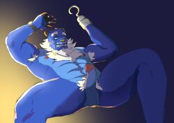 5_fingers abs anthro armpit_hair balls beard blue_body blue_fur body_hair chest_hair clock cupcake2007 digit_ring erection facial_hair finger_ring fingers fur generation_5_pokemon genitals hair hook hook_hand humanoid_hands jewelry lying male mammal missing_hand muscular muscular_anthro muscular_male mustelid navel nintendo nipples nude nude_anthro nude_male on_back penis pokemon pokemon_(species) pokemorph pubes red_nose samurott solo teeth watch white_hair wristwatch