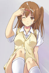 breasts brown_eyes brown_hair chuunibyou_demo_koi_ga_shitai! cum cum_on_clothes cum_on_hair female hair_ornament hairclip konimaru long_hair nibutani_shinka school_uniform side_ponytail sitting socks solo sweater_vest white_legwear wink