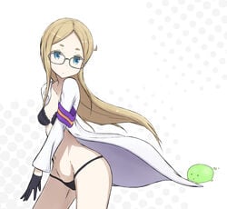 blonde_hair blue_eyes bra clothing glasses gloves labcoat long_hair natasha_(sekai_seifuku) navel panties sekai_seifuku:_bouryaku_no_zvezda small_breasts underwear