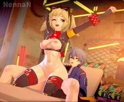 1boy 1boy1girl 1girls 3d 3d_animation animated arms_behind_head arms_up balls bbl black_gloves black_jacket blonde_female blonde_hair blue_jacket bouncing_breasts breasts breasts_out burnice_white burning_desires_(song) cropped_jacket eyewear_on_head female female_on_top female_penetrated fingerless_gloves functionally_nude gloves grey_hair jacket laying_on_back light-skinned_female light-skinned_male light_skin loop looping_animation male male/female male_penetrating medium_hair mind_break music navel nennan open_mouth penis pervert pussy red_eyes reverse_cowgirl_position riding sex shorter_than_30_seconds smile sound spread_legs sunglasses tagme thighhighs thighs twintails vagina vaginal_penetration vaginal_sex video wise_(zenless_zone_zero) zenless_zone_zero