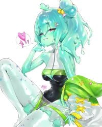 absurdres beastiez blue_hair blue_skin breasts cleavage colored_skin dripping female green_jacket hair_ornament heart highres indie_virtual_youtuber jacket leotard medium_breasts mila_(milaart12) milaart12 monster_girl navel open_clothes open_jacket open_mouth piapiufo pink_eyes ponytail shorts slime_(substance) slime_girl smile smug star_(symbol) thighhighs thighs virtual_youtuber vtuber zipper
