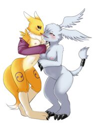 2014 alpha_channel anthro barefoot blush breasts canine claws digimon female fox french_kiss fur furry gazimon happy kelthis kissing long_ears mammal navel nipples nude plain_background renamon sharp_claws smile toe_claws tongue tongue_out transparent_background yuri