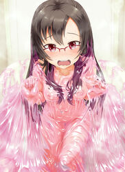 1girls 2t_(tanakatakuto) bathtub black_hair blush breasts brown_hair embarrassed female glasses goo hadi_girl indoors kagura_sae looking_at_viewer lube messy nipples nude open_mouth pink_goo pink_slime red_eyes red_glasses shower shower_steam slime small_breasts solo steam sweat tub wall wavy_mouth wet wet_body